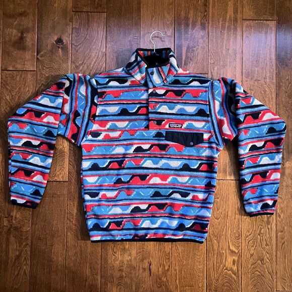 Patagonia Men’s Synchilla Snap-T Fleece Pullover Size X-SMALL Aztec Red/Blue - Picture 2 of 8